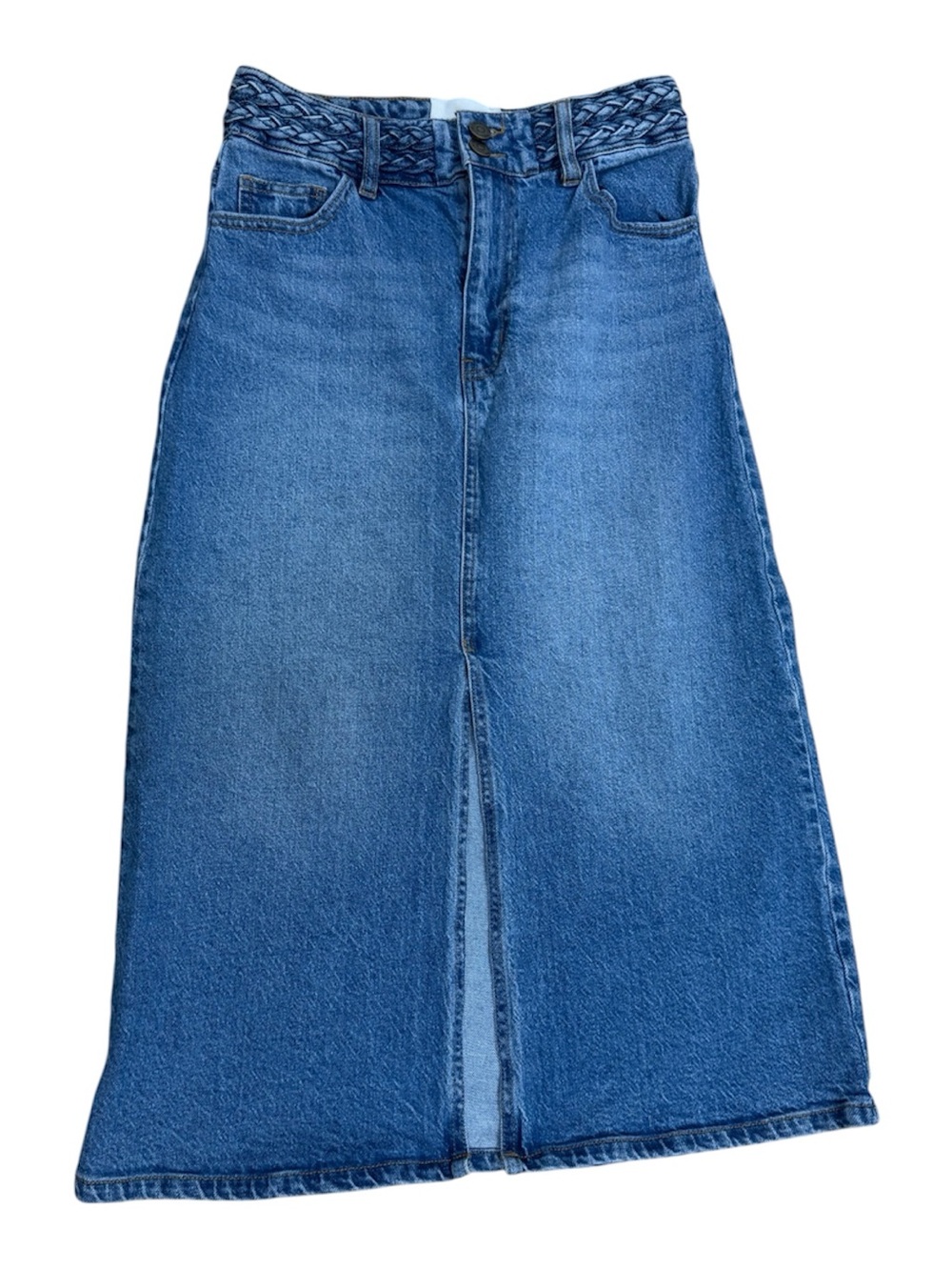 Habitual Light Blue Denim Midi Skirt with Braided Waistband 2/26